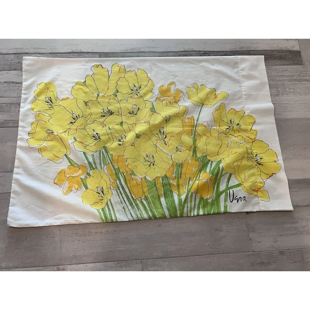 VERA NEUMANN Yellow Floral Tulip Print VTG Pillowcase By Burlington-Made In USA-